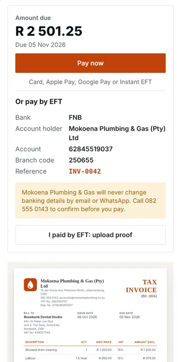 Invoice page with a Pay now button and EFT details
