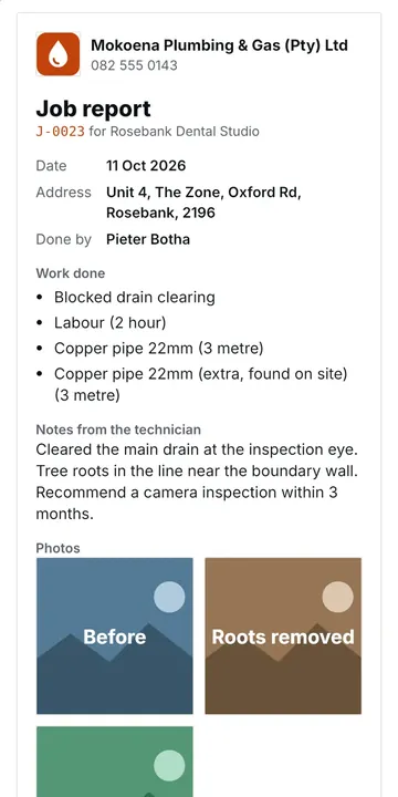 Job report with work done, technician notes and photos