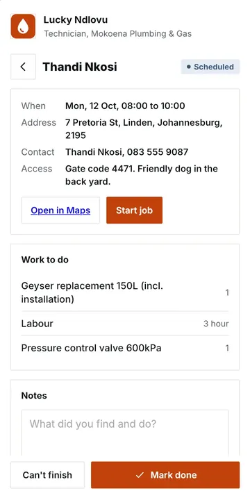 Technician job screen with address, work to do and Mark done
